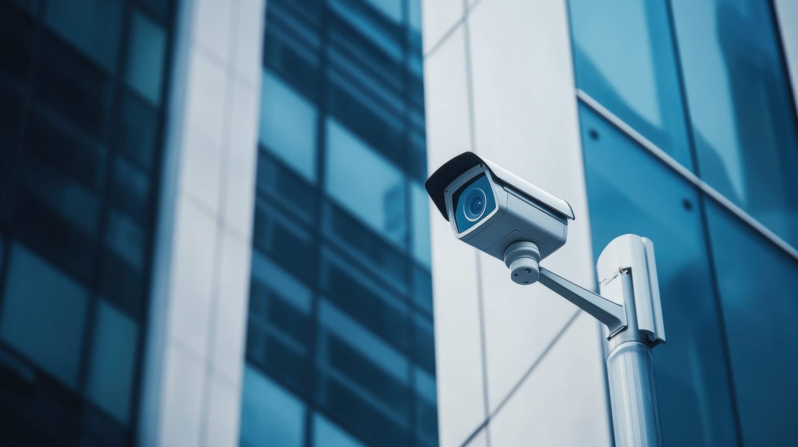 Surveillance camera mounted on a building exterior